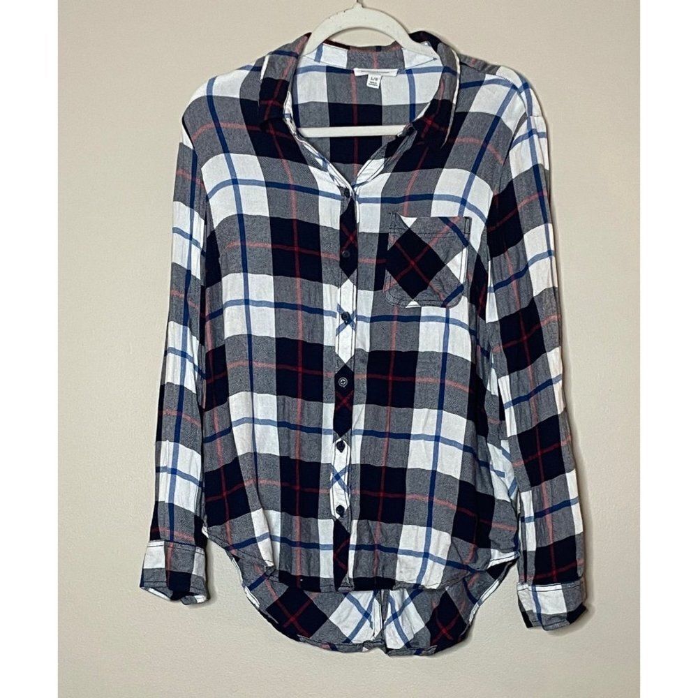 Beachlunchlounge blue white plaid hi-lo‎ hem collar button down shirt